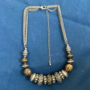 Premier Designs statement necklace. 16” long with silver and gold beads.